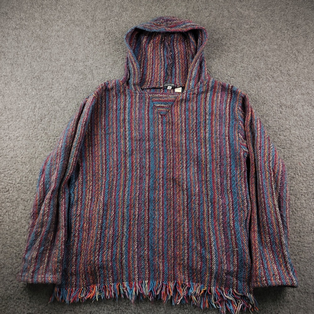 Earthbound Trading Co. Hoodie Sz Medium Baja Pullover Multi Stripe Fringe